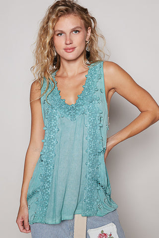 Emerald Sage Crochet Floral Tank