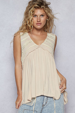 Lace trim Flowy Tank - Almond