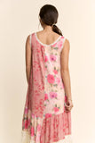 DD60145-PRINT FLOWER PATCHWORK LACE TIERED DRESS: Pink Multi / S-M-L(2-2-2)