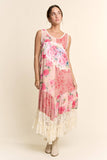 DD60145-PRINT FLOWER PATCHWORK LACE TIERED DRESS: Pink Multi / S-M-L(2-2-2)