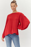 Pleated Sleeve Red Satin Blouse