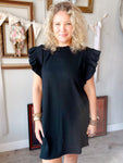 Ribbed Ruffle Sleeve Black Dress