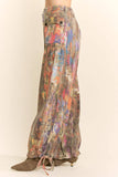 DP60016-PRINTED DENIM WIDE OPENING MID-HIGH WAIST PANTS: LIME GREEN COBALT / M
