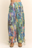 DP60016-PRINTED DENIM WIDE OPENING MID-HIGH WAIST PANTS: LIME GREEN COBALT / S