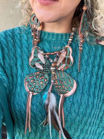 A Rare Bird Leather Butterfly Necklace - Turquoise/Brown