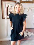 Ribbed Ruffle Sleeve Black Dress