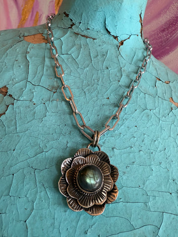 Tibetan Carved Flower Labradorite Necklace