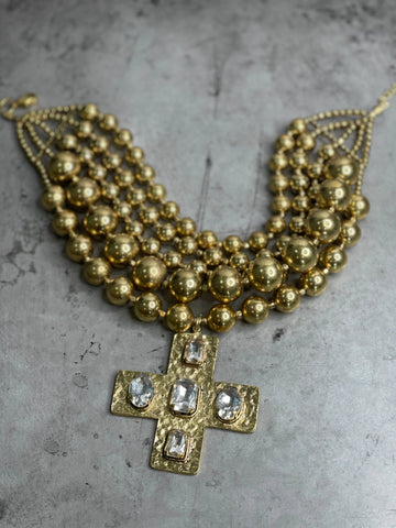 Gold Tone 5 Strand Bead Cross Necklace