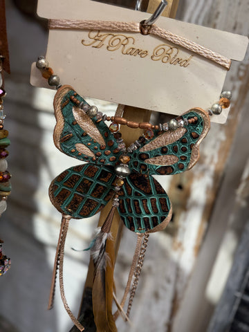 A Rare Bird Leather Butterfly Necklace - Turquoise/Brown