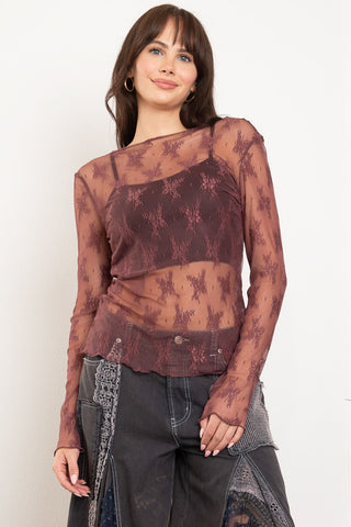 Burgundy Lace Mesh Top