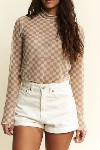 Taupe Checker Mesh Top