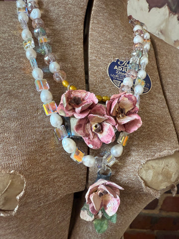 A Rare Bird: Round Top Ceramic Rose Necklace