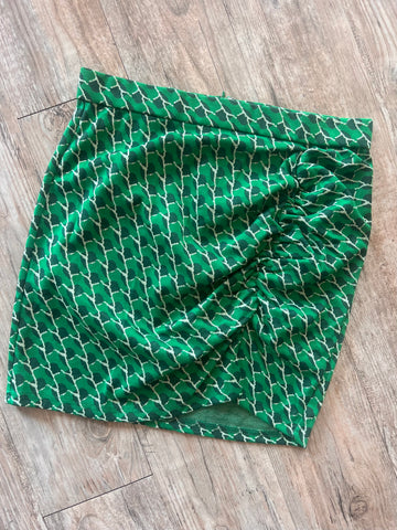 Ruched Mini Skirt with Slit - Green