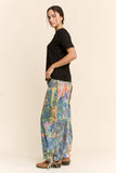 DP60016-PRINTED DENIM WIDE OPENING MID-HIGH WAIST PANTS: LIME GREEN COBALT / L