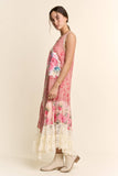 DD60145-PRINT FLOWER PATCHWORK LACE TIERED DRESS: Pink Multi / S-M-L(2-2-2)
