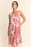 DD60145-PRINT FLOWER PATCHWORK LACE TIERED DRESS: Pink Multi / S-M-L(2-2-2)