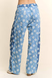 DP67033-FLOWER PRINT WIDE-LEG CULOTTE PANTS: Denim Blue / M
