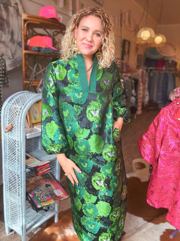 Emerald Glow Jacquard Midi Dress
