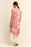 DD60145-PRINT FLOWER PATCHWORK LACE TIERED DRESS: Pink Multi / S-M-L(2-2-2)