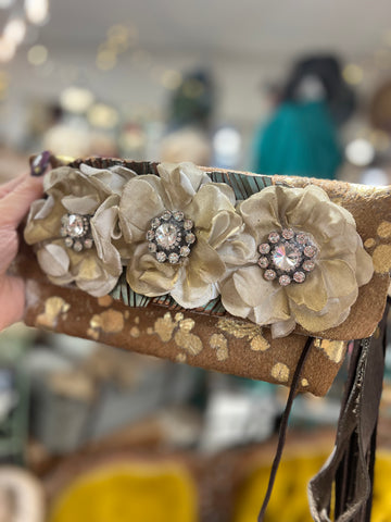 A Rare Bird Clutch Purse Taupe Flowers