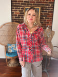 Suede Trim Flannel Top - Strawberry