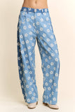DP67033-FLOWER PRINT WIDE-LEG CULOTTE PANTS: Denim Blue / M