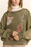 Vintage Holiday Graphic Washed Sweatshirt: Olive / S-M-L(2-2-2)