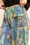 DP60016-PRINTED DENIM WIDE OPENING MID-HIGH WAIST PANTS: LIME GREEN COBALT / L