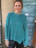 ✨ Faded Teal Mineral Washed Cable Knit Sweater