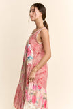 DD60145-PRINT FLOWER PATCHWORK LACE TIERED DRESS: Pink Multi / S-M-L(2-2-2)