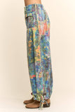 DP60016-PRINTED DENIM WIDE OPENING MID-HIGH WAIST PANTS: LIME GREEN COBALT / L