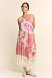 DD60145-PRINT FLOWER PATCHWORK LACE TIERED DRESS: Pink Multi / S-M-L(2-2-2)
