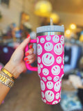 40 oz Stainless Steel Tumbler - Smiley Fuchsia
