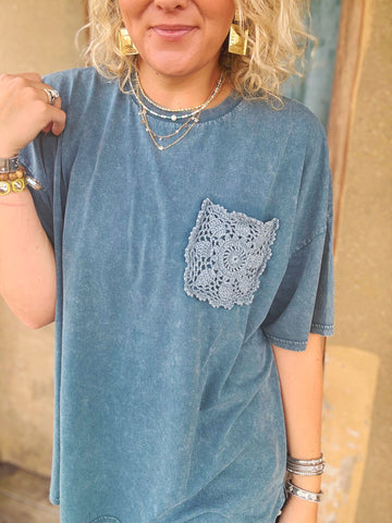 Teal Haven Crochet Pocket Top