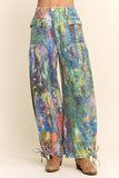 DP60016-PRINTED DENIM WIDE OPENING MID-HIGH WAIST PANTS: LIME GREEN COBALT / L
