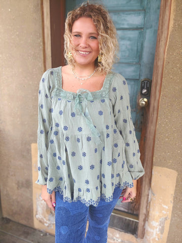 Willow Bloom Bow Embroidered Peasant Blouse