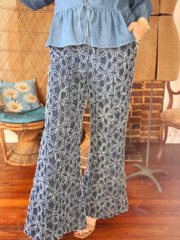 Hippie Daisy Chenille Flower Palazzo Pants