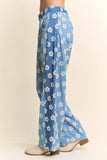 DP67033-FLOWER PRINT WIDE-LEG CULOTTE PANTS: Denim Blue / S