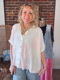 Ivory/Pink Gauze & Crochet Top