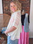 Ivory/Pink Gauze & Crochet Top