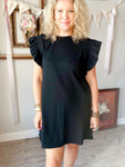 Ribbed Ruffle Sleeve Black Dress