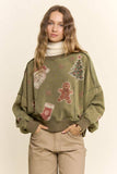 Vintage Holiday Graphic Washed Sweatshirt: Olive / S-M-L(2-2-2)