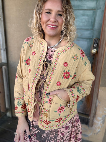 🌼 Prairie Bloom Khaki Embroidered Jacket