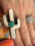 Tibetan Cactus Carved Bone & Turquoise Ring