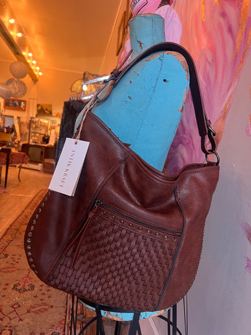 Brown Slouch Shoulder Handbag with Woven Details