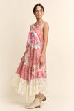 DD60145-PRINT FLOWER PATCHWORK LACE TIERED DRESS: Pink Multi / S-M-L(2-2-2)