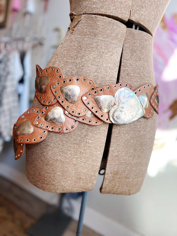Handcrafted Leather belt with hearts in Tan