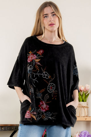 Ashed Floral Embroidered Tee