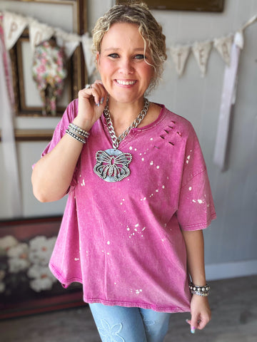 Magenta Washed Oversized Pocket Tee