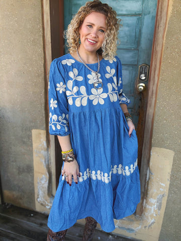 Denim Daydream Embroidered Dress